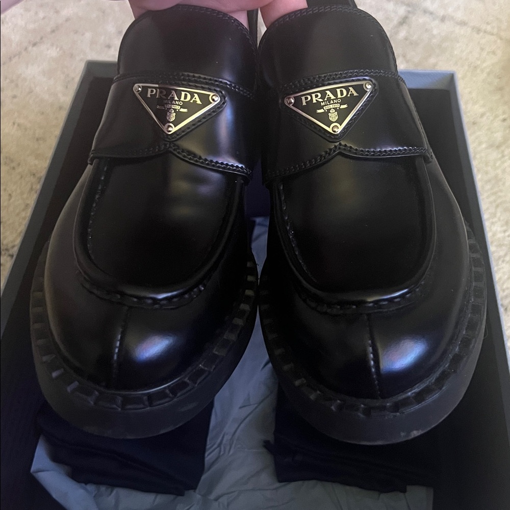 Prada Leather Triangle Logo Loafers Black Size 37.5